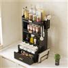 BAKAJI Credenza Scaffale Portaspezie in Metallo Salvaspazio, Scaffalatura Organizer Portatutto con Doppia Vetrinetta Trasparente per Cucina, Base Antiscivolo e Cassetto, 41 x 28 x 70 cm (Nero)