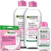 Garnier SkinActive, set micellare, 2 x 400 ml + 1 x mini 125 ml, detergente Mizellar, riutilizzabile, Eco Pads per la pulizia del viso per pelli normali e sensibili