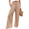 Sukany Pantaloni estivi da donna, stile boho, a vita alta, in cotone e lino, a gamba larga, pantaloni lunghi da salotto a palazzo con tasche, cachi, M