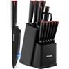 FOHERE 13 Pezzi Set di Coltelli da Cucina in Acciaio Inossidabile con Affilatrice Set Coltelli da Tavolo Professionali con Blocco,Nero