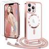 Ethanger Magnetica Cover con Cordino per iPhone 13 Pro Custodia con 2 Vetro Temperato, Trasparente Ultra Sottile Antiurto Silicone Protettiva Cover con Laccio per iPhone 13 Pro Rosa