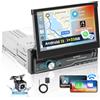 Hikity Android 13 Autoradio 1 Din Wireless Carplay e Android Auto, Schermo Manual Ribaltabile da 7 Pollici Autoradio Bluetooth Mirror Link WiFi GPS Navi FM Radio Dual-USB AUX SWC Retrocamera