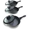 Generico Tris padelle Bavaria in pietra lavica antiaderenti 3 Padelle + 3 Coperchi Pietra Lavica 24-28-32cm, Padelle Pietra Lavica, Adatto a piano a Gas e a Induzione, Padelle e Coperchi (Nero)