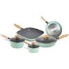 Aeternum Green Induction Wood, Batteria 8 Pezzi, Padelle Antiaderenti, Adatto a Induzione, Manici in Legno di Faggio, Include 3 Padelle, 2 Casseruole, 3 Coperchi, 100% materiali riciclabili, Verde