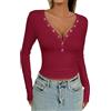 AIEOE Maglietta Donna Maniche Lunghe con Scollo a V Sexy Elasticizzata Magliette a Coste con Abbottonatura Casual Camicetta Rosso M