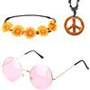 Hileyu 3 Pezzi Set di Accessori Hippie Costume Collana con Segno di Pace e Collane Girasole per Capelli Crown Fascia Fiori Fascia e Occhiali Stile Hippie Accessori per Feste Anni '60-'70