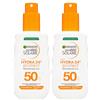 Garnier Ambre Solaire Hydra 24H Protect Protezione Spray Alta SPF 50 Raggi UVB UVA Previene Invecchiamento Cutaneo Idrata la Pelle con Glicerina e Vitamina E - 2 Flaconi da 150ml