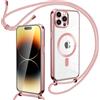 Oelrstfe Cover Trasparente con Cordino per iPhone 14 Pro Max con Magnetico,Custodia Sottile Morbido Silicone con Laccio Collana Tracolla Regolabile Antiurto Case con Collana,Rose-Gold