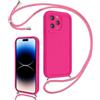 Coalbooliy Cover per iPhone 14 Pro 6,1 con Cordino per Cellulare, Custodia Silicone con Regolabile Collana Sottile Morbida Case Protezione della fotocamera Antiurto con Necklace, Rosa Rossa