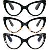 Kodilin Confezione da 3 Occhiali da Lettura Cat Eye Donna con Occhio di Gatto - Occhiali anti-blu Comodi e Alla Moda Grande Nero+Nero ambra+Leo3.5