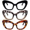 Kodilin 3 Pack Occhiali da Lettura Grandi Cateye,Vintage Occhiali eleganti della grande struttura, lettore di computer anti luce blu Donna(+3.5, nero rosso leo)