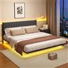 ARFARLY Telaio letto 140 x 200 cm, con illuminazione a LED e stazione di ricarica, 140 x 200 cm, con testiera, in metallo, per letto 140 x 200 cm, per adulti con luce robusta e stabile, lino, grigio