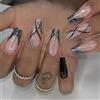 GlamRays - Unghie finte press-on a ballerina, con French manicure, a copertura completa, riutilizzabili, in materiale acrilico, adesive, nero e argento, 24 pezzi