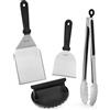 onlyfire Set di Spatola 4pcs Kit Utensili Barbecue per Teppanyaki, Smash Burger Pressa per Hamburger in Ghisa, Spatola per Piastra, Raschietto per Barbecue e Pinze da Cucina, Kit Utensili Barbecue