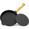 4BIG.fun Bistecchiera da 24 cm Con Coperchio Pressato, Padella Rotonda in Ghisa Con Pressa per Barbecue a Gas, Forno, Focolare, Tutti i Piani Cottura