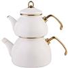 Karaca Set di teiera smaltata retrò, in titanio, 1,1 l, 1,1 kg, pentola per acqua da 2,3 l a 2,3 kg, color crema, adatta per induzione, bollitore per tè turco, bollitore per tè turco