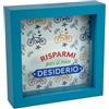LINA OFFICINE GRAFICHE CREATIVE Salvadanaio Decorativo in Legno, Tema Biciclette, Design 'Risparmi per il mio Desiderio', 16x16 cm, Azzurro