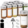 PRYZE Set di 12 barattoli per spezie, rotondi, ermetici, 120 ml, con coperchio in acciaio inox, imbuto in silicone e inserto per spargimento, contenitore per spezie con 160 barattoli per etichette