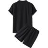 Generico Tuta in lino da uomo, 2 pezzi, estiva, per il tempo libero, tinta unita, a maniche corte, con bottoni, camicia e pantaloncini da spiaggia, set di pantaloni corti in cotone e lino