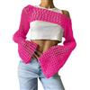 Generic Top corto da donna in rete all'uncinetto, sexy a maniche lunghe, traforato, per la spiaggia, Rosa, L