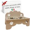 MINDWOOD Porta Ciotole Personalizzato Rialzato per Cani e Gatti con 2 Ciotole in Acciaio Inox, Taglie da Toy a Maxi, in Legno Naturale, Design Elegante Made in Italy (Tortora, Gatto)