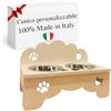 MINDWOOD Porta Ciotole Personalizzato Rialzato per Cani e Gatti con 2 Ciotole in Acciaio Inox, Taglie da Toy a Maxi, in Legno Naturale, Design Elegante Made in Italy (Avorio, Gatto)