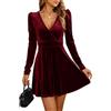 ORANDESIGNE Vestito Donna Velluto Corto Curvy Elegante Manica Lunga Invernale Mini Abito Trapezio da Sera Cocktail Scollo A V Vestitino per La Festa Casual Borgogna M