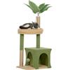 PawHut Albero Tiragraffi per Gatti con Casetta, Lettino e 2 Palline, in Legno e Poliestere, 44x30x98 cm, Verde e Marrone