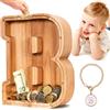 Summidate Salvadanaio Legno Bambini, Porcellino Salvadanaio Trasparente Lettera A-Z, Regalo Educativo Compleanno e Battesimo Personalizzabile con Adesivi per Ragazzi e Ragazze
