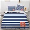 NEWAT Set di Biancheria da Letto Con Motivo Nautico Oceano Marino e Piumone/Copripiumino, per Barca Con Corda, Faro, Blu, Blu Navy, Bianco, C, 135 x 200 cm