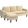 HOMCOM Divano angolare modulare Divano a 3 posti con poggiapiedi e 3 cuscini, gambe in legno, tessuto effetto velluto per soggiorno, camera da letto, studio, 186 x 121 x 82 cm, beige