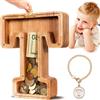Summidate Salvadanaio Legno Bambini, Porcellino Salvadanaio Trasparente Lettera A-Z, Regalo Educativo Compleanno e Battesimo Personalizzabile con Adesivi per Ragazzi e Ragazze