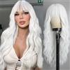 PORSMEER Parrucca da Donna Lunga Ondulata Bianca con Frangia, Capelli Sintetici Naturali Resistente al Calore, 66cm, Uso Quotidiano, Festa, Halloween, Costume