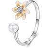 Qings Anello Fiore in Argento 925 per donne Anello Floreale Giallo Aperto e Regolabile con Perla Regali di compleanno