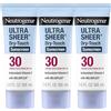 Neutrogena Ultra Sheer Dry-Touch Sunscreen Lozione Broad Spectrum SPF 30 UVA/UVB, senza ossibenzone, impermeabile, non comedogenica, non greasy, da viaggio, 3 pezzi