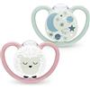 NUK Space Night ciuccio | 6-18 mesi | Succhietti che si illuminano al buio con ventilazione extra per pelli delicate | Silicone senza BPA | Pecora | 2 pezzi