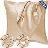 Seiwohl Set di 2 Federe Raso 80x80cm & 2 Scrunchies, Federa per cuscino in seta, Design con apertura a lampo, Morbido come una Federe Seta Cuscino, Champagne Federe Cuscini 80x80