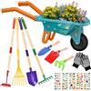 Aragallant Carriola per Bambini, Set Giardinaggio Bambini con Guanti, Vanga e Rastrello, Carriola da Giardino per Esterni, Giochi Educativi Bambini