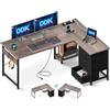 ODK Scrivania Angolare con Cassetti, 135×100cm Scrivania ad Angolo Reversibile con Prese di Corrente e Porta USB, Scrivania Salvaspazio a L con Spazio di Archiviazione per Ufficio, Rovere grigio