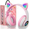 OHAANYY Cuffie per Bambini Wireless con luce LED, Cuffie Bluetooth per Ragazze con Orecchie di Gatto Cuffie Pieghevoli sull'orecchio con microfono, Micro SD, Regalo di Natale/Compleanno per Ragazze (Rosa)