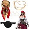 TUONYIS 4 Pezzi Accessori Pirata Donna,Rosso Stampato Fascia Nera Occhio Maschera Vita Catena Orecchio Trim,Pirata Fantasia Accessori per Halloween Cosplay Party Pirate Party(4 Pezzi)