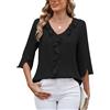 ASKSA Camicia da Donna Scollo a V Bluse Elegante di 3/4 Manica Camicetta Estiva Casual Business Volant Tinta Unita Tops (Nero,XXL)