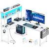 Coleshome Scrivania Gaming con LED e Prese, 135 × 100 cm Scrivania Gaming Angolare Reversibile con Scaffali Portaoggetti, Scrivania Angolare con Borsa Portaoggetti per Giocatori, Bianco