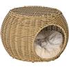 PawHut Nicchia per gatto letto per gatto cesto gatto masion di gatto in resina intrecciata imitazione rattan cuscino morbido Ø 40 x 30 cm, marrone chiaro