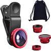 KINGMAS - Kit di lenti per fotocamera 3 in 1, universale, con clip di pesce e macro, per iPad iPhone 7, 6, 5, Samsung, Blackberry, HTC e la maggior parte degli smartphone (rosso)
