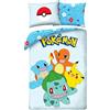 Halantex POKEMON PIKACHU Bulbasaur Charizard Squirtle - Set di biancheria da letto Copripiumino 140 x 200 cm + Federa 70x90cm - Reversibile - 100% Cotone Oeko-Tex - Azzurro Multicolore