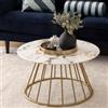 DEGHI Tavolino rotondo 70 cm con top in vetro temperato effetto marmo bianco e struttura oro - Vallecas