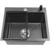 Qussse Lavello da cucina, 45 x 40 cm, con cestello di scarico e dispenser di sapone in acciaio inox, 1 vasca, colore nero