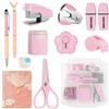 OFFCUP Set di Cancelleria, con et di Cucitrici, Set di Forbici Dispenser Levapunti Blocchetti Memo Adesivi Cutter Quaderno a Spirale Penne a Sfera Set di Clip Nastro per Casa Ufficio -Rosa