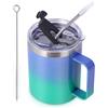 Volhoply Tazza da caffè isolata a tenuta stagna, con coperchio flip e cannuccia, a doppia parete, in acciaio inox, con manico, riutilizzabile, per campeggio, mantiene freddo/caldo (viola verde, 1 set)